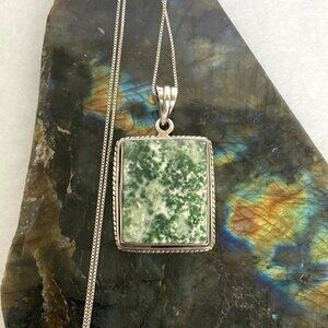 Sterling Silver 925 Bezel Set Tree Agate Rectangular Pendant Necklace 18.5"